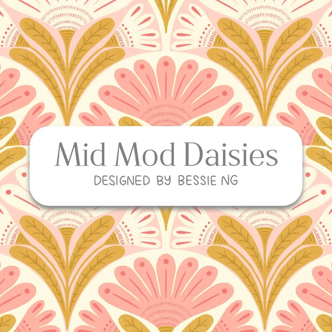 A pattern background with symmetrical florals in pink and khaki brown in a shell format. White rectangle at the centre with text saying “Mid Mod Daisies, designed by Bessie Ng"