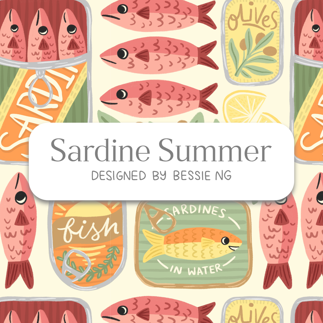 A pattern background including red cartoon sardines and canned fish with lemons and olives. White rectangle at the centre with text saying "Sardine Summer, designed by Bessie Ng"
