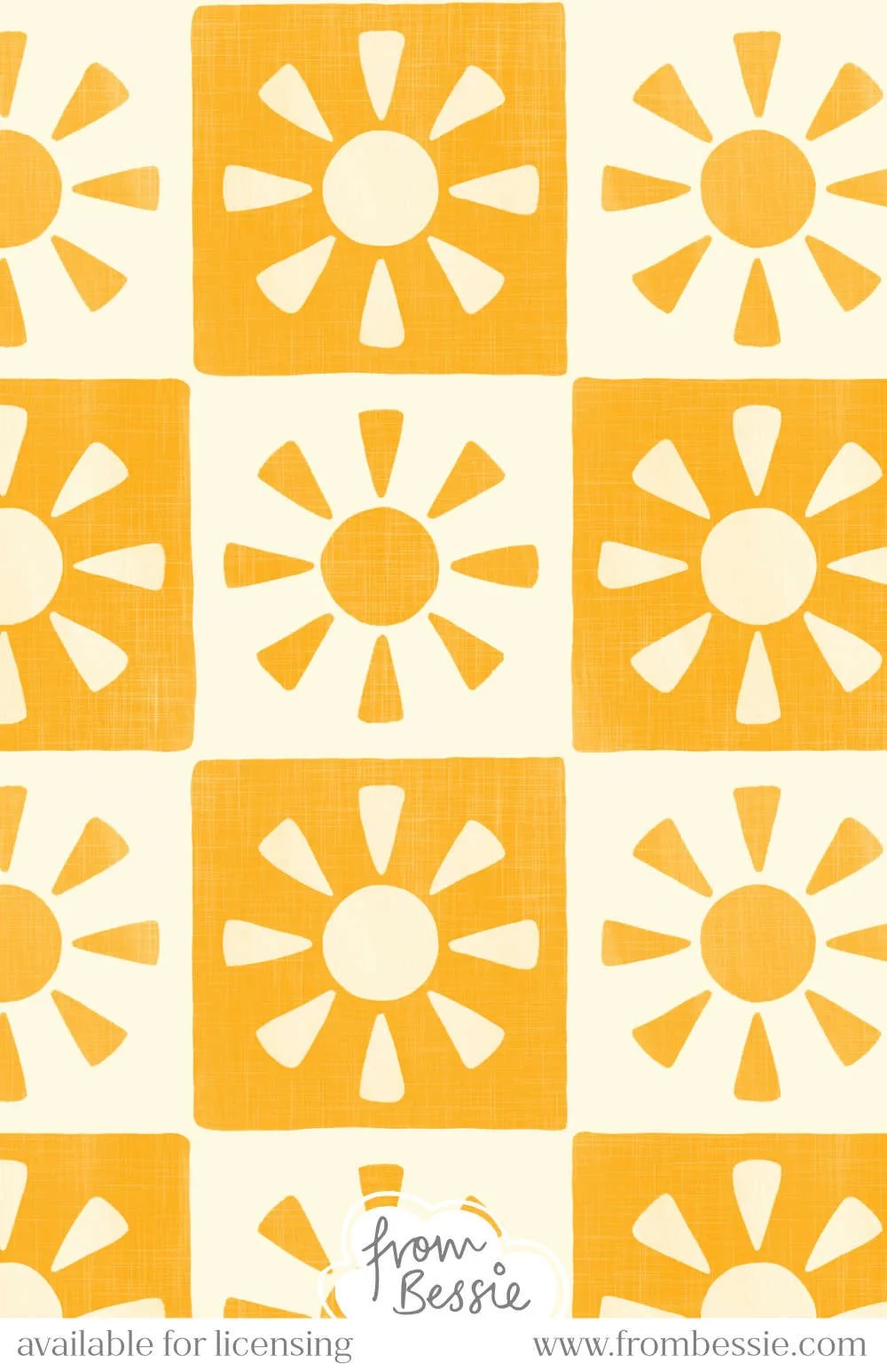 A simple monochromatic checkerboard design with a rustic sun shape in each square. Overlaying rough linen and block print texture, in rich ochre orange and cream. Designed by Bessie Ng.