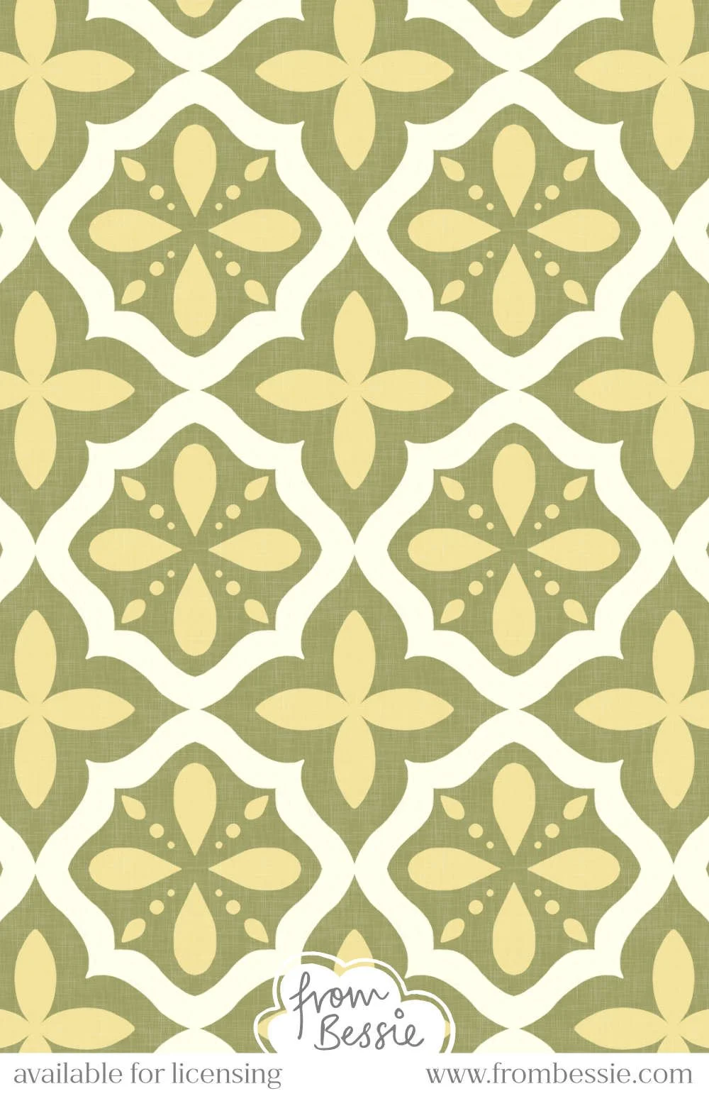 A linen textured seamless pattern with arabesque coastal symmetrical tiles in a diamond layout. In olive green, gold khaki and white. Designed by Bessie Ng.