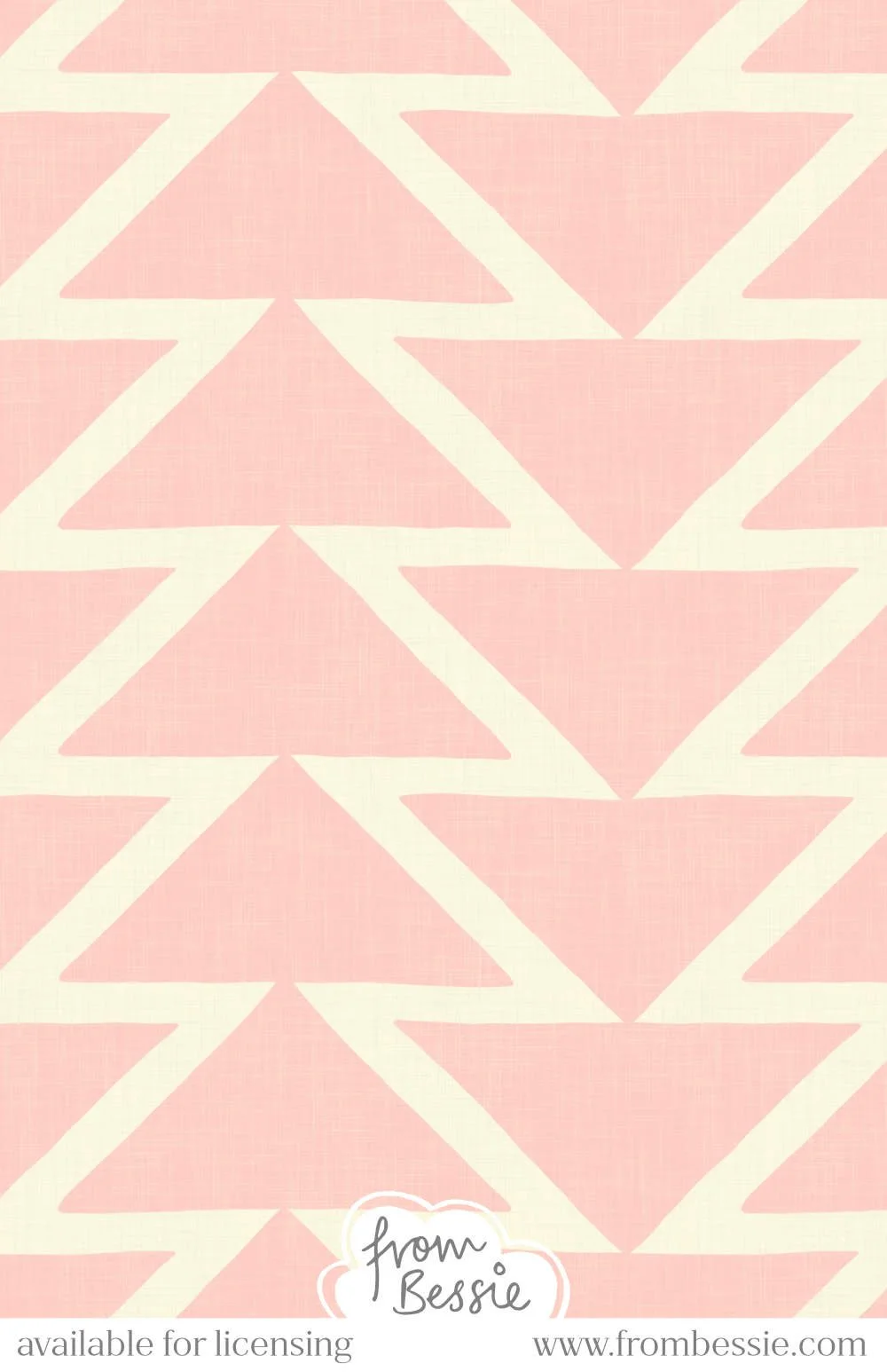 Allover geometric mid mod pattern with vertical rows of triangles, alternative rows facing up and down, in eggshell white and pastel pink. Designed by Bessie Ng