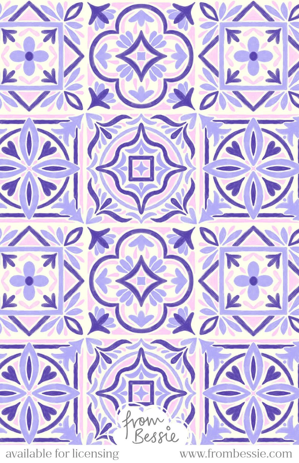 A gouache textured, maximalist seamless pattern with 4 square mosaic tiles in mediterranean Portuguese style. In pink and purple on a white background. Designed by Bessie Ng.