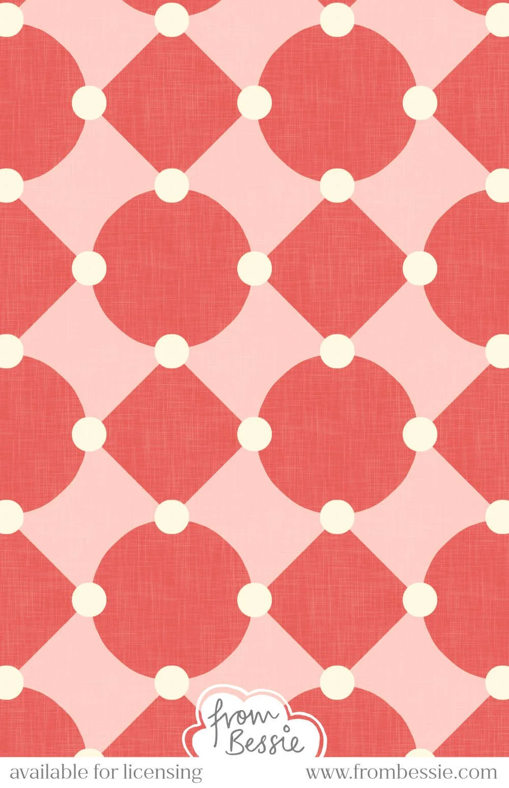 Allover geometric mid mod pattern with alternating circles and diamonds in a checker layout, connected by a smaller circle, in red, pink and white. Designed by Bessie Ng