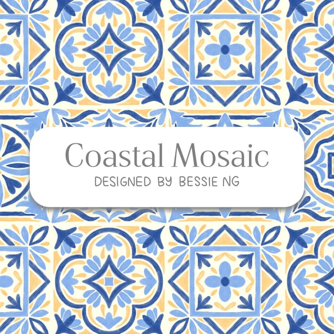 A pattern background with gouache painted Portuguese mosaic tiles in yellow and blue on a white background. White rectangle at the centre with text saying “Coastal Mosaic, designed by Bessie Ng"