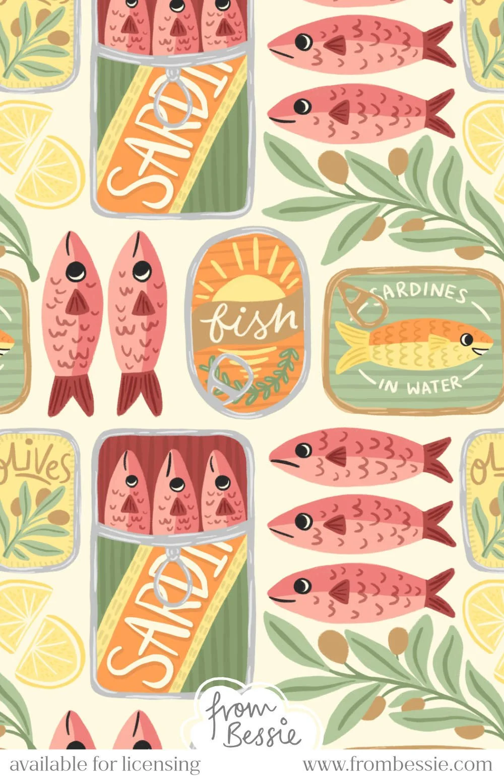 Allover maximalist pattern with sardines, canned fish, olives, and lemon slices arranged horizontally and vertically. Red, orange, and green color scheme. Designed by Bessie Ng.