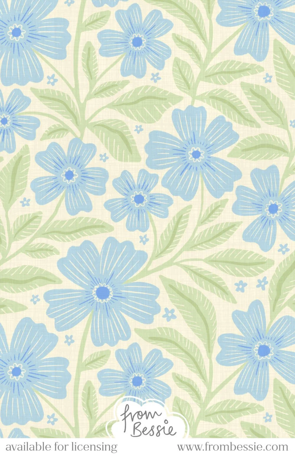 Allover trailing floral pattern with abstract pastel blue flowers with 5 petals and green leaves and vines on a cream background. Designed by Bessie Ng