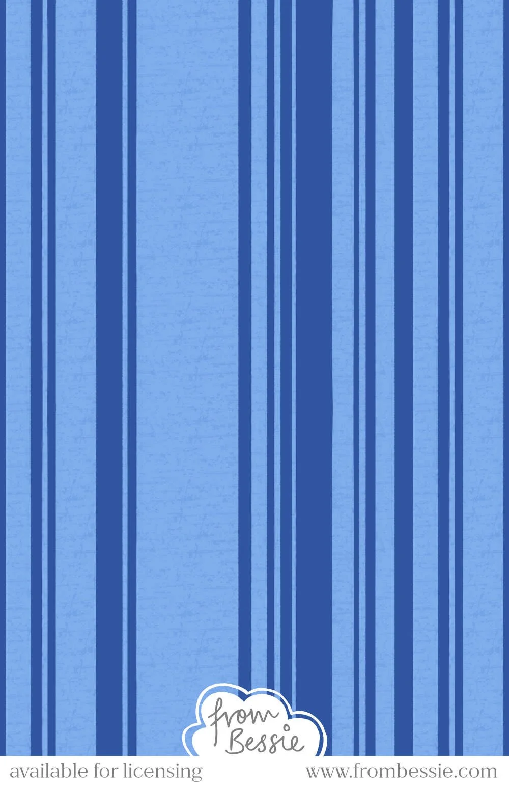 A subtly textured vertical striped seamless pattern with varying widths, creating a modern uneven striped look. Navy blue and sky blue stripes on a white background. Designed by Bessie Ng.