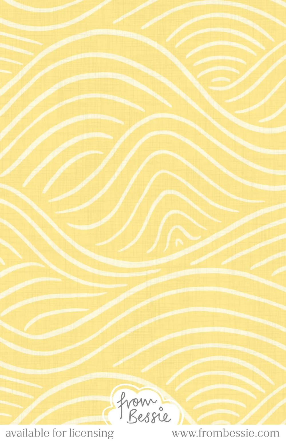 Abstract wave pattern composed of thin, even pencil strokes forming irregular hill-shapes on a linen texture. Yellow color scheme. Designed by Bessie Ng.