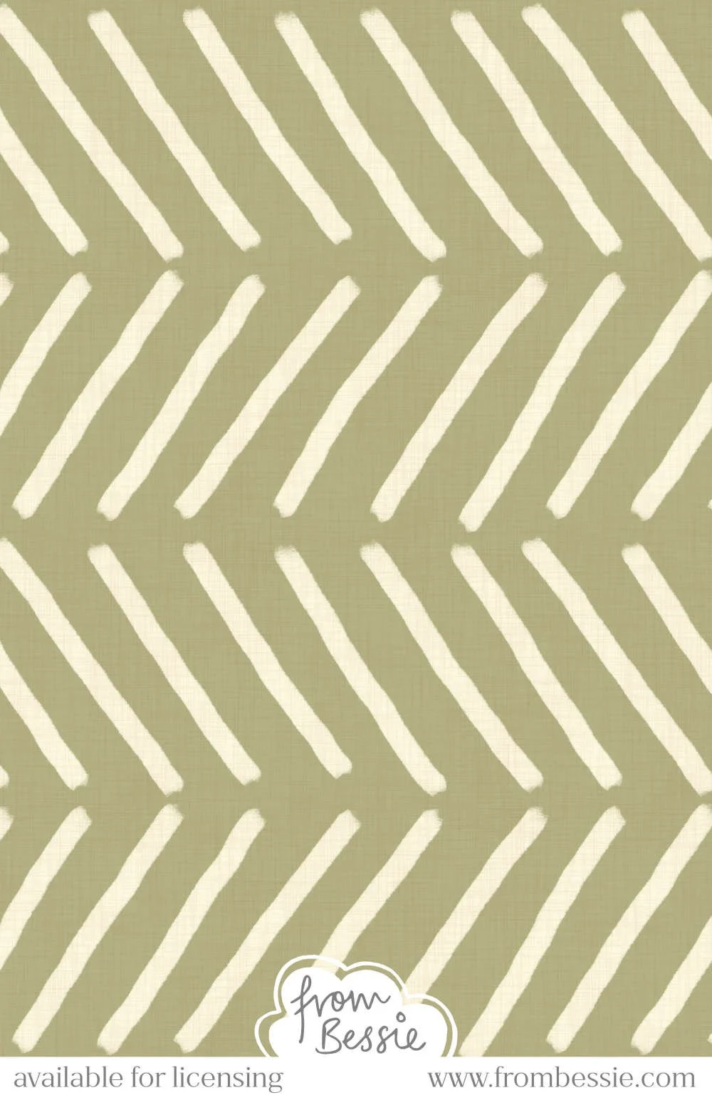 A linen textured, minimalist seamless pattern with hand drawn diagonal lines arranged horizontally, resembling mudcloth design. Off white lines on olive green background. Designed by Bessie Ng.