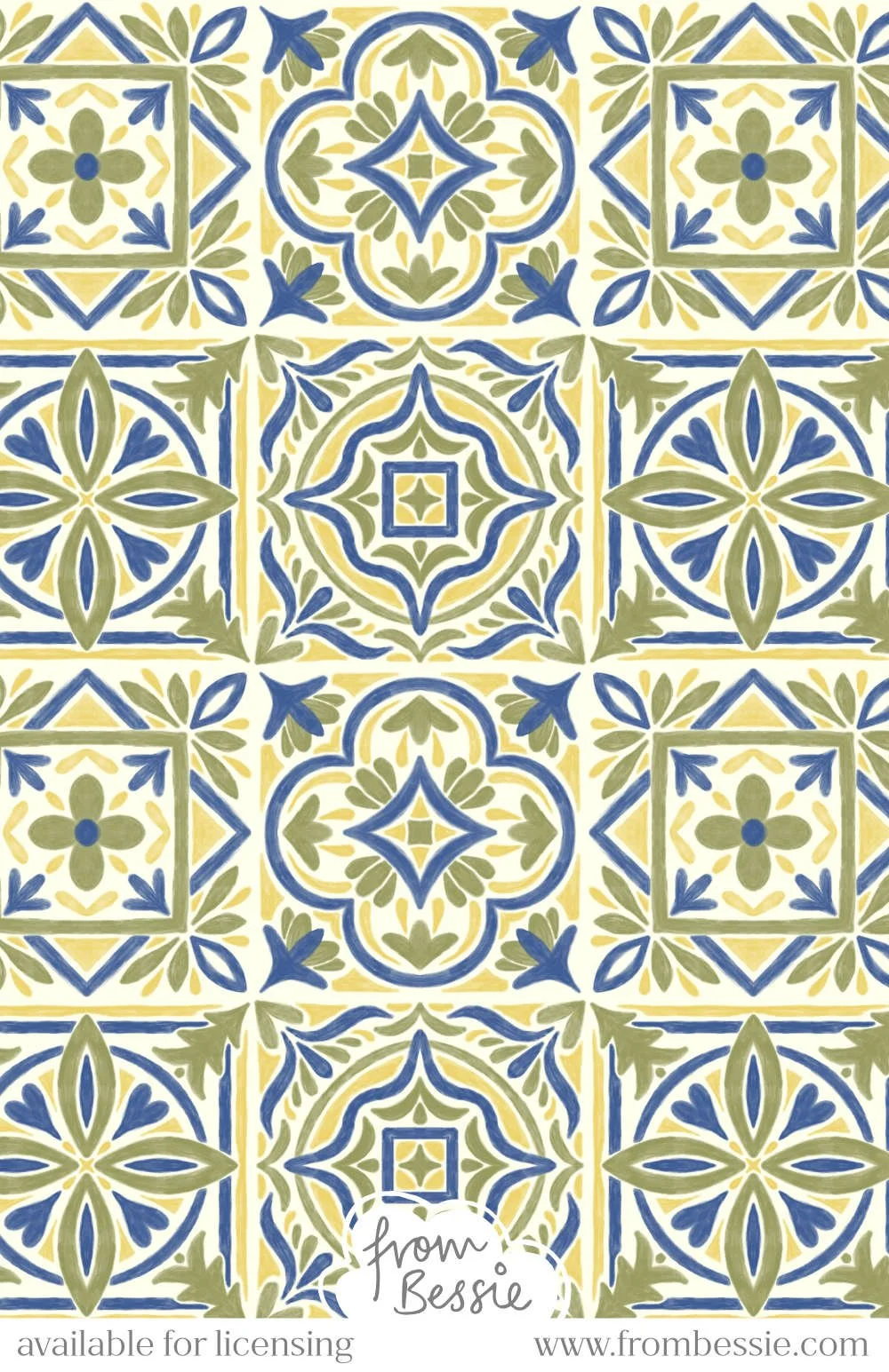A gouache textured, maximalist seamless pattern with 4 square mosaic tiles in mediterranean Portuguese style. In olive green, navy blue and gold on a white background. Designed by Bessie Ng.