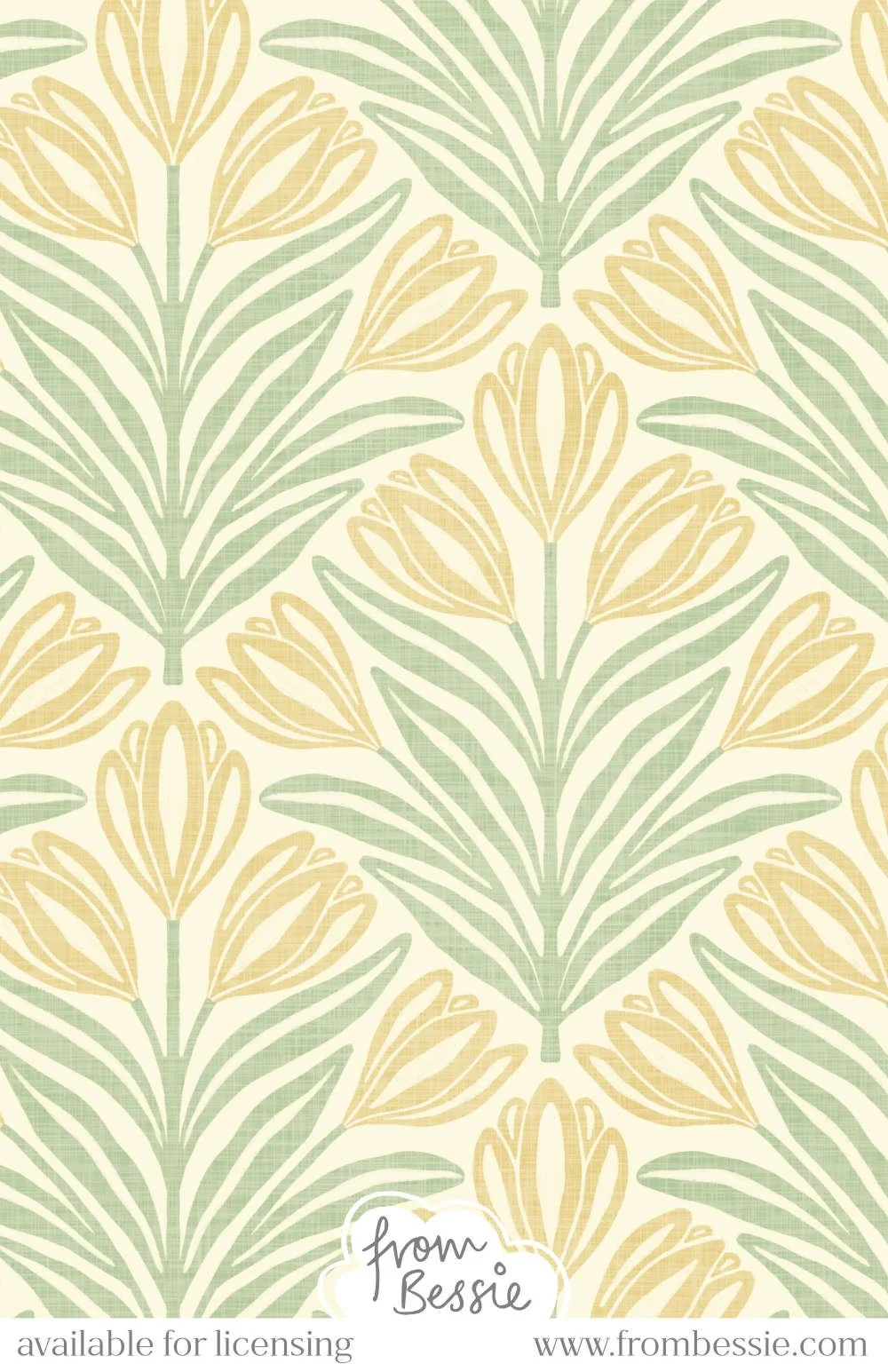 A symmetrical, dense seamless pattern with block print crocus and leaves in a diamond layout. Textured allover design with a Scandi aesthetic. Pastel yellow and green on cream. Designed by Bessie Ng.