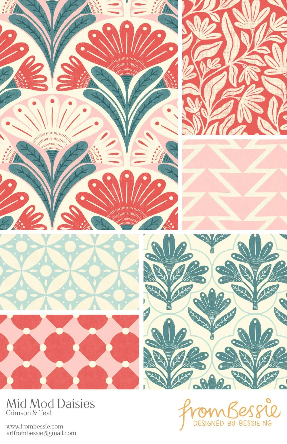 Six ‘Mid ‘Mod Floral’ patterns by Bessie Ng: featuring symmetrical folk art daisy motifs in geometric layouts, in crimson red and dark teal.