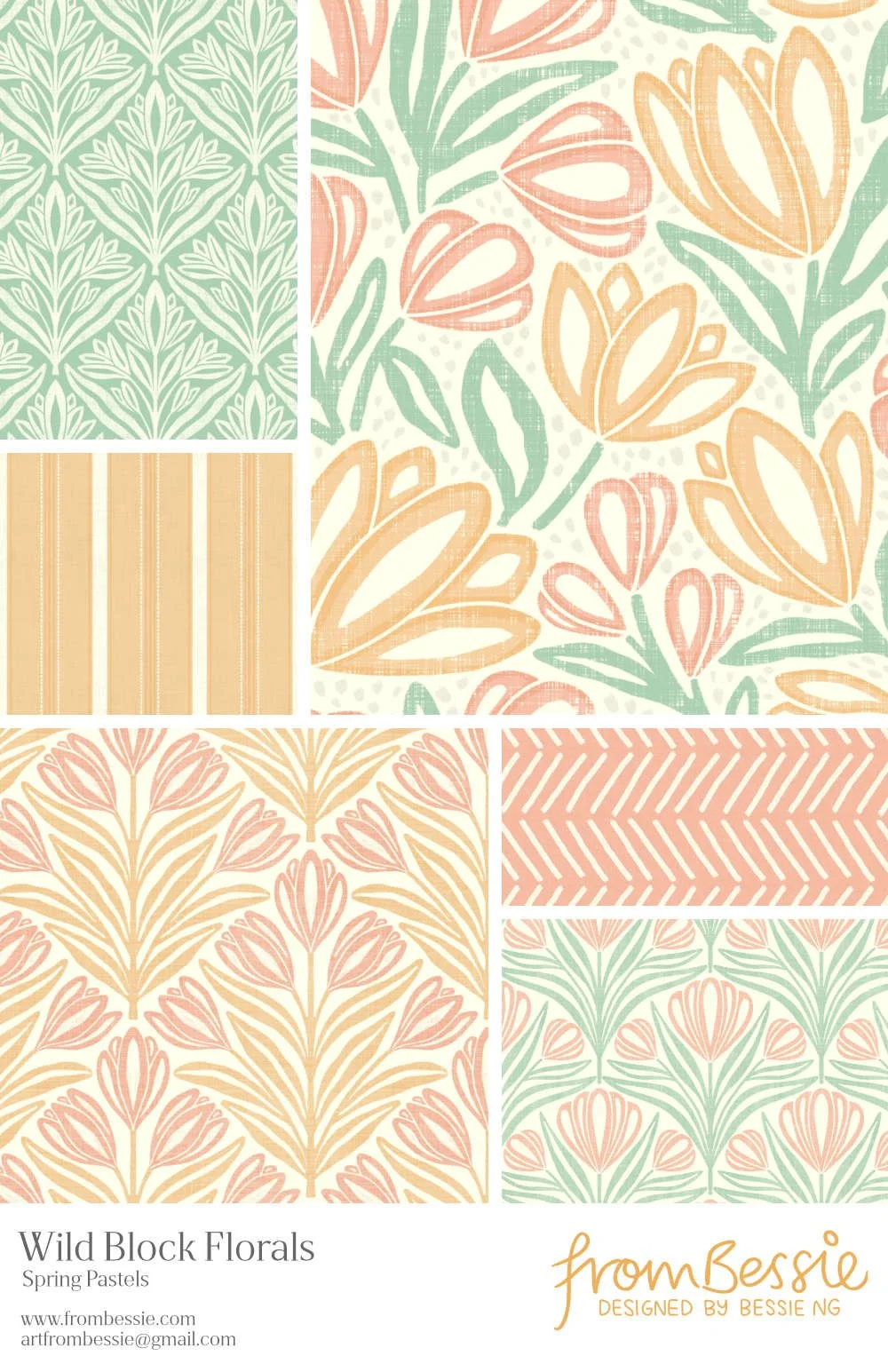 Six block print inspired patterns by Bessie Ng: featuring symmetrical florals, a dense botanical pattern, and ticking stripes, in a pastel pink, orange and green colour scheme.