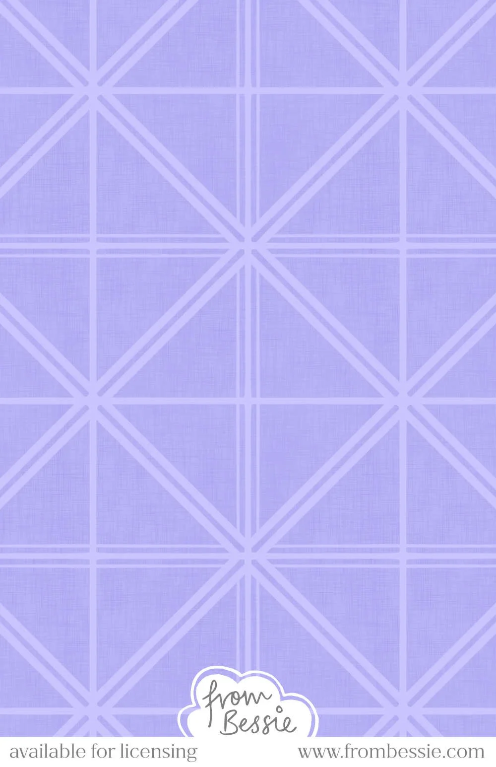 A linen textured geometric seamless pattern with square tiles and lines crossing horizontal, vertical, and diagonal, creating a diamond layout. A simple, monochromatic lilac purple pattern. Designed by Bessie Ng.