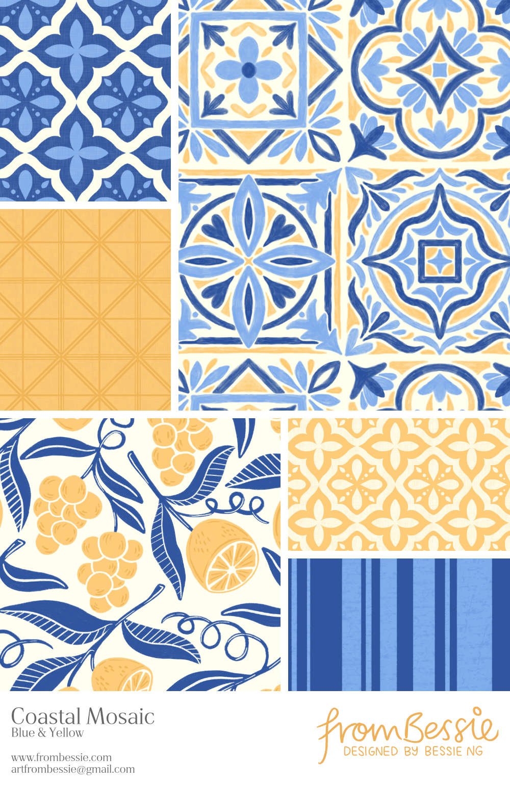 Six seamless repeat patterns by Bessie Ng: featuring portuguese mosaic tiles, geometrics and grids, and a grape and lemon botanical design. In white, blue, and yellow.