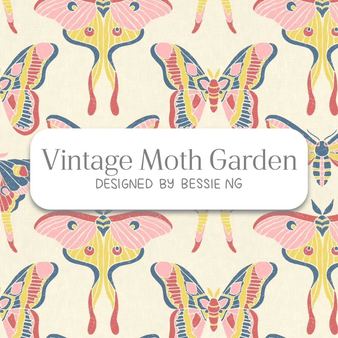 A pattern background block print moths, spaced apart in red, pink and navy blue, on a cream background. White rectangle at the centre with text saying “Vintage Moth Garden, designed by Bessie Ng"