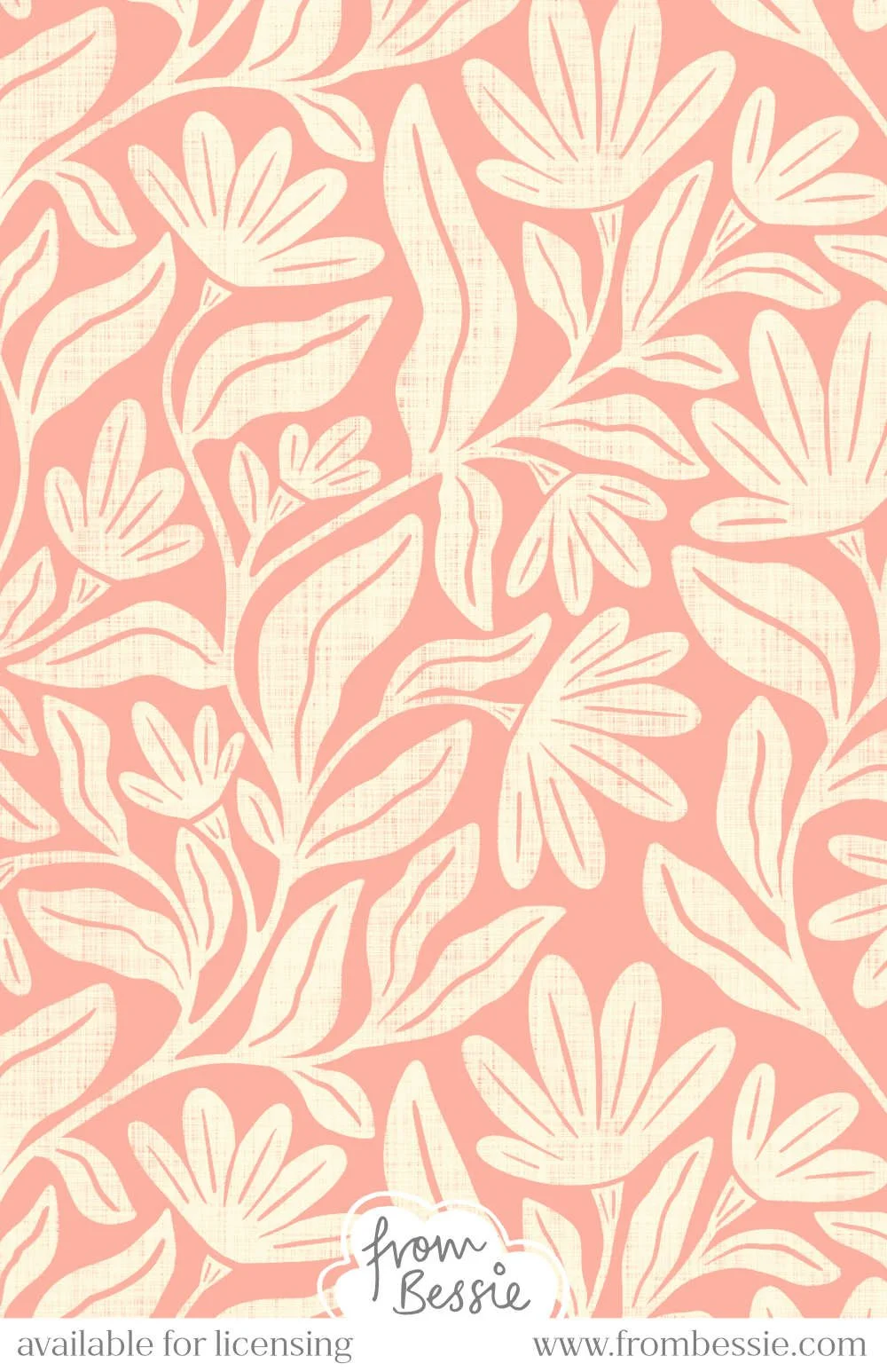 Allover pattern with trailing block print daisy flowers, leaves and vines in cream white on a pastel pink background. Designed by Bessie Ng.