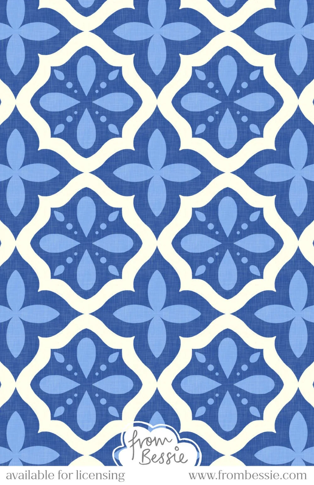 A linen textured seamless pattern with arabesque coastal symmetrical tiles in a diamond layout. In navy blue, sky blue and white. Designed by Bessie Ng.
