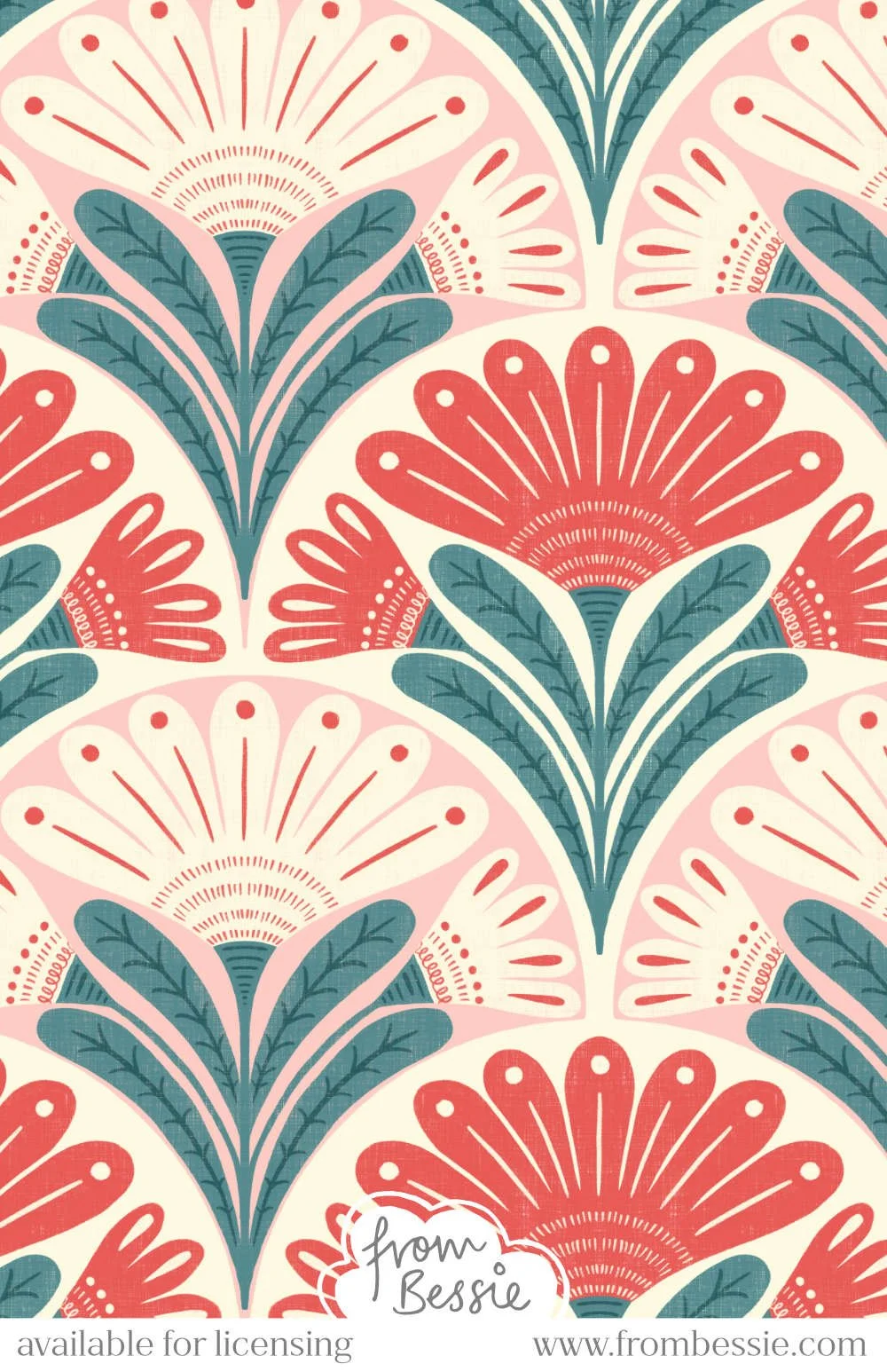 Symmetrical daisies in block print folk art style, in a geometric shell layout, alternatively coloured. Bold red and dark teal colours. Designed by Bessie Ng.