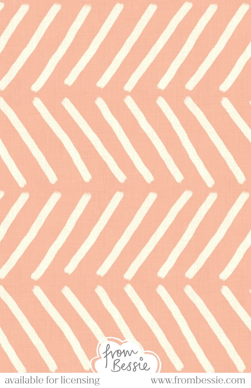 A linen textured, minimalist seamless pattern with hand drawn diagonal lines arranged horizontally, resembling mudcloth design. Off white lines on pastel pink background. Designed by Bessie Ng.