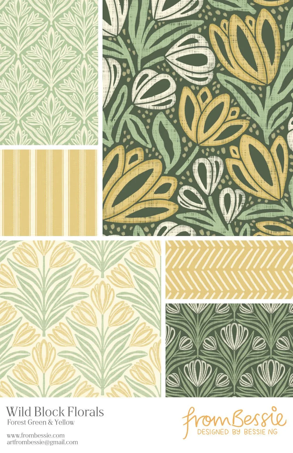 Six block print inspired patterns by Bessie Ng: featuring symmetrical florals, a dense botanical pattern, and ticking stripes, in a forest green and yellow colour scheme.