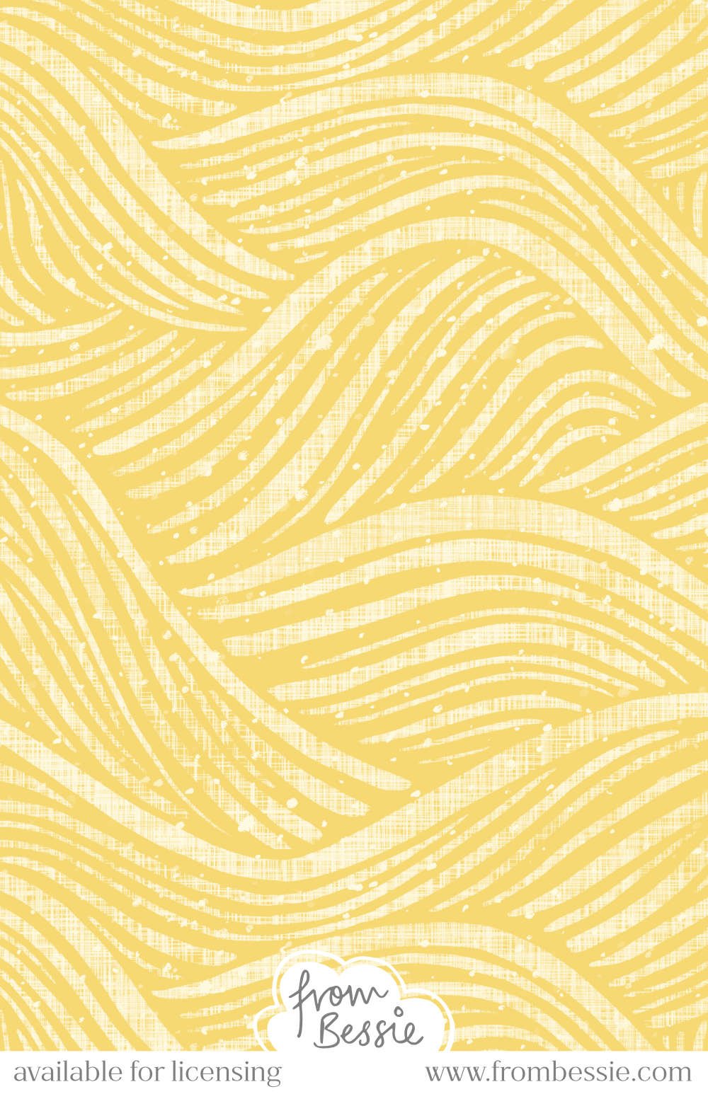Allover abstract textured pattern with organic, block print brush strokes in wave and hill shapes, in cream on a canary yellow background. Designed by Bessie Ng