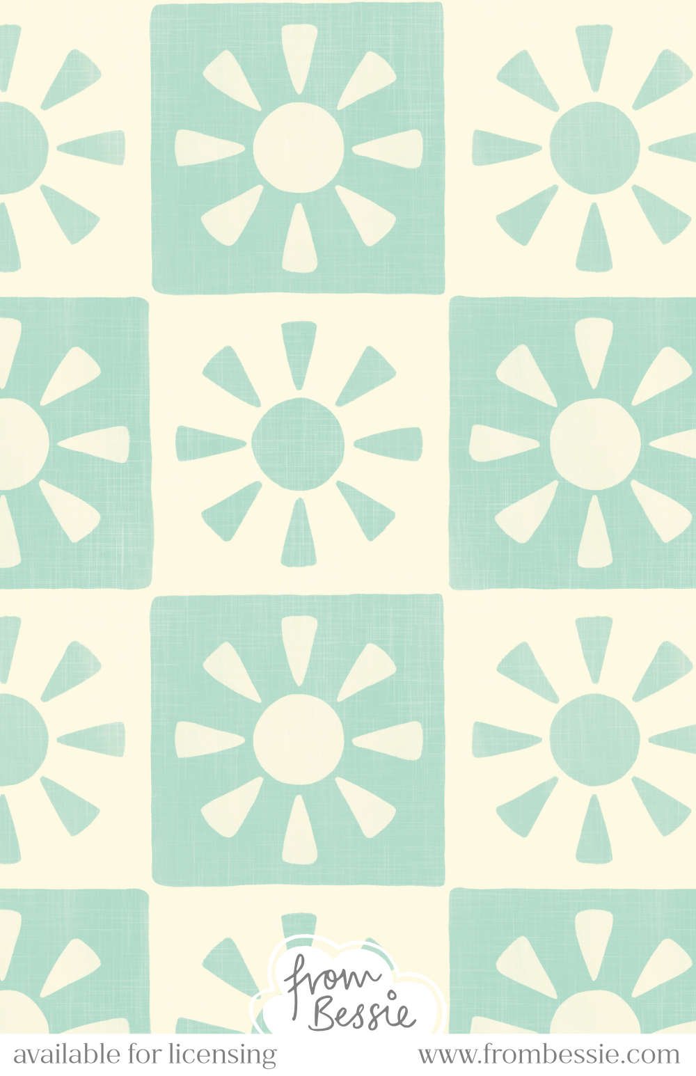 A simple monochromatic checkerboard design with a rustic sun shape in each square. Overlaying rough linen and block print texture, in pastel teal green and cream. Designed by Bessie Ng.