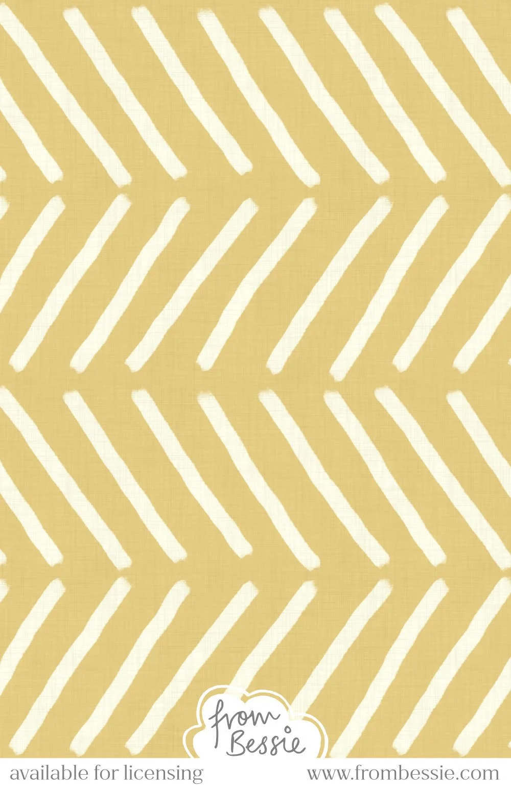 A linen textured, minimalist seamless pattern with hand drawn diagonal lines arranged horizontally, resembling mudcloth design. Off white lines on mustard yellow background. Designed by Bessie Ng.