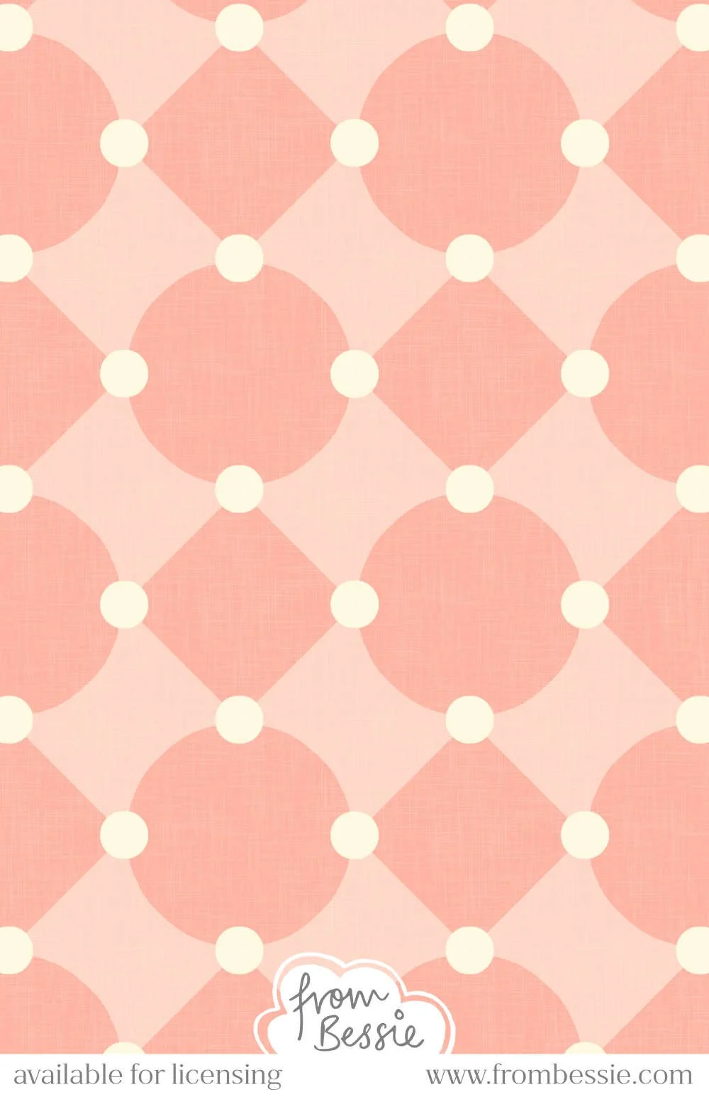 Allover geometric mid mod pattern with alternating circles and diamonds in a checker layout, connected by a smaller circle, in pink and white. Designed by Bessie Ng