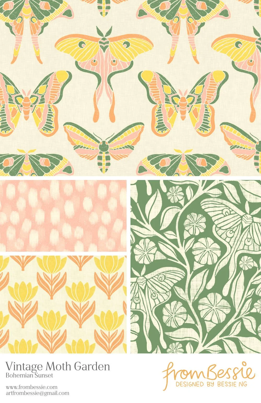 Four rustic block print patterns by Bessie Ng: featuring various moths including luna moth, moonflowers, tulips and gouache polka dots. In sunset orange & green.