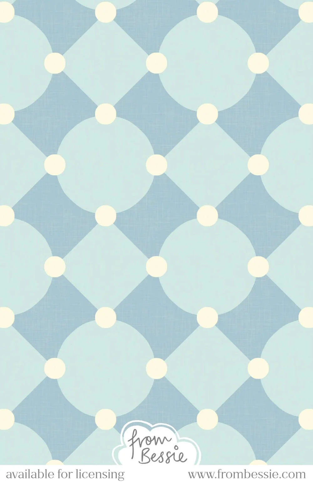 Allover geometric mid mod pattern with alternating circles and diamonds in a checker layout, connected by a smaller circle, in blue, indigo and white. Designed by Bessie Ng