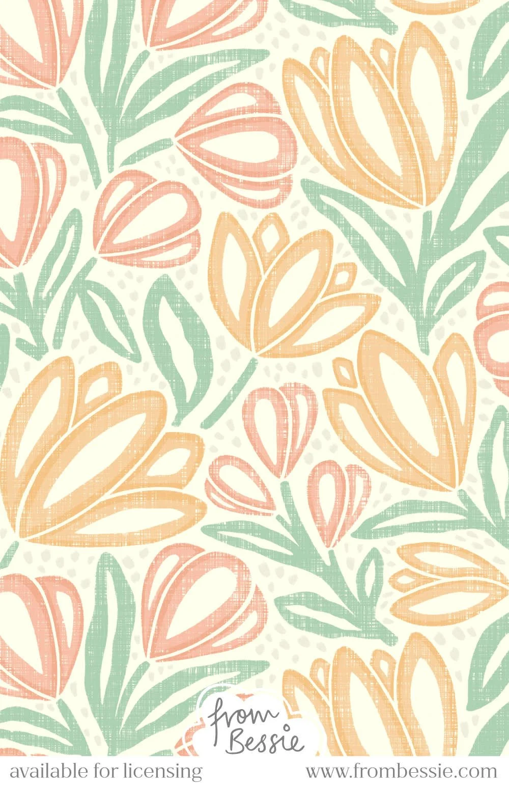 A dense, allover seamless pattern with block print inspired florals with a Scandinavian vibe. Maximalist bold floral shapes with dots in empty spaces. Pastel pink and orange on cream. Designed by Bessie Ng.