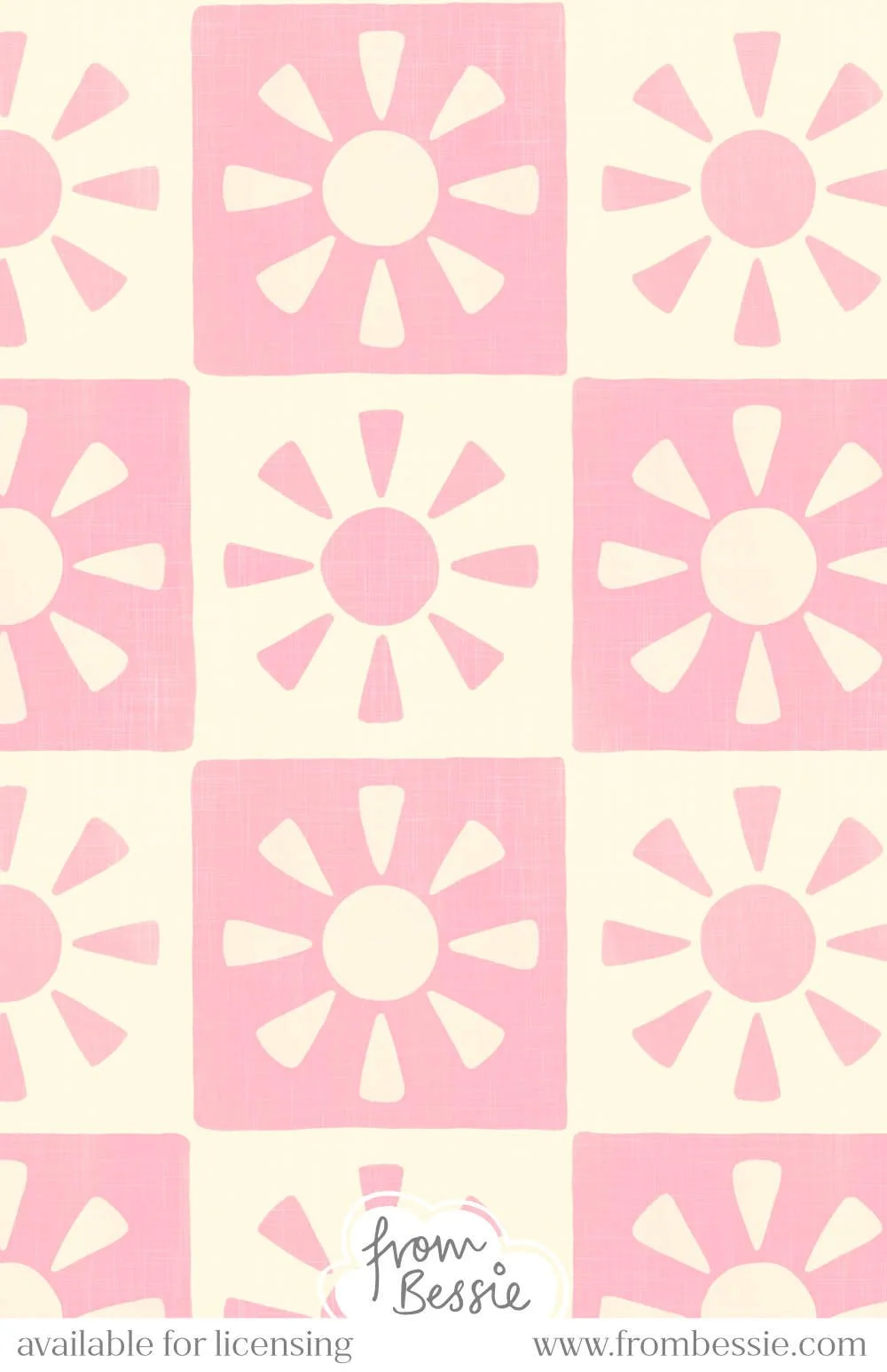 A simple monochromatic checkerboard design with a rustic sun shape in each square. Overlaying rough linen and block print texture, in pastel pink and cream. Designed by Bessie Ng.