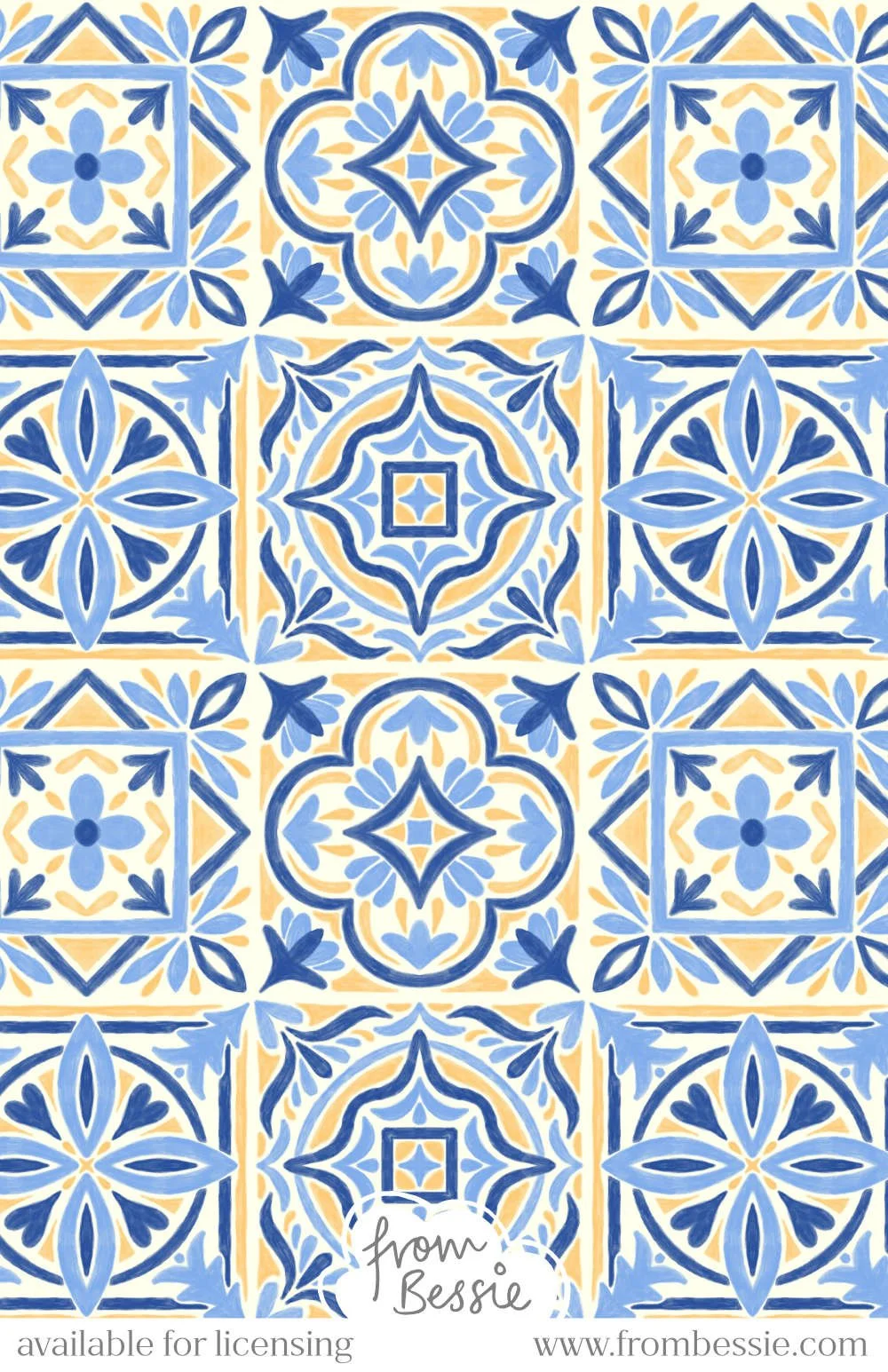 A gouache textured, maximalist seamless pattern with 4 square mosaic tiles in mediterranean Portuguese style. In yellow and blue on a white background. Designed by Bessie Ng.