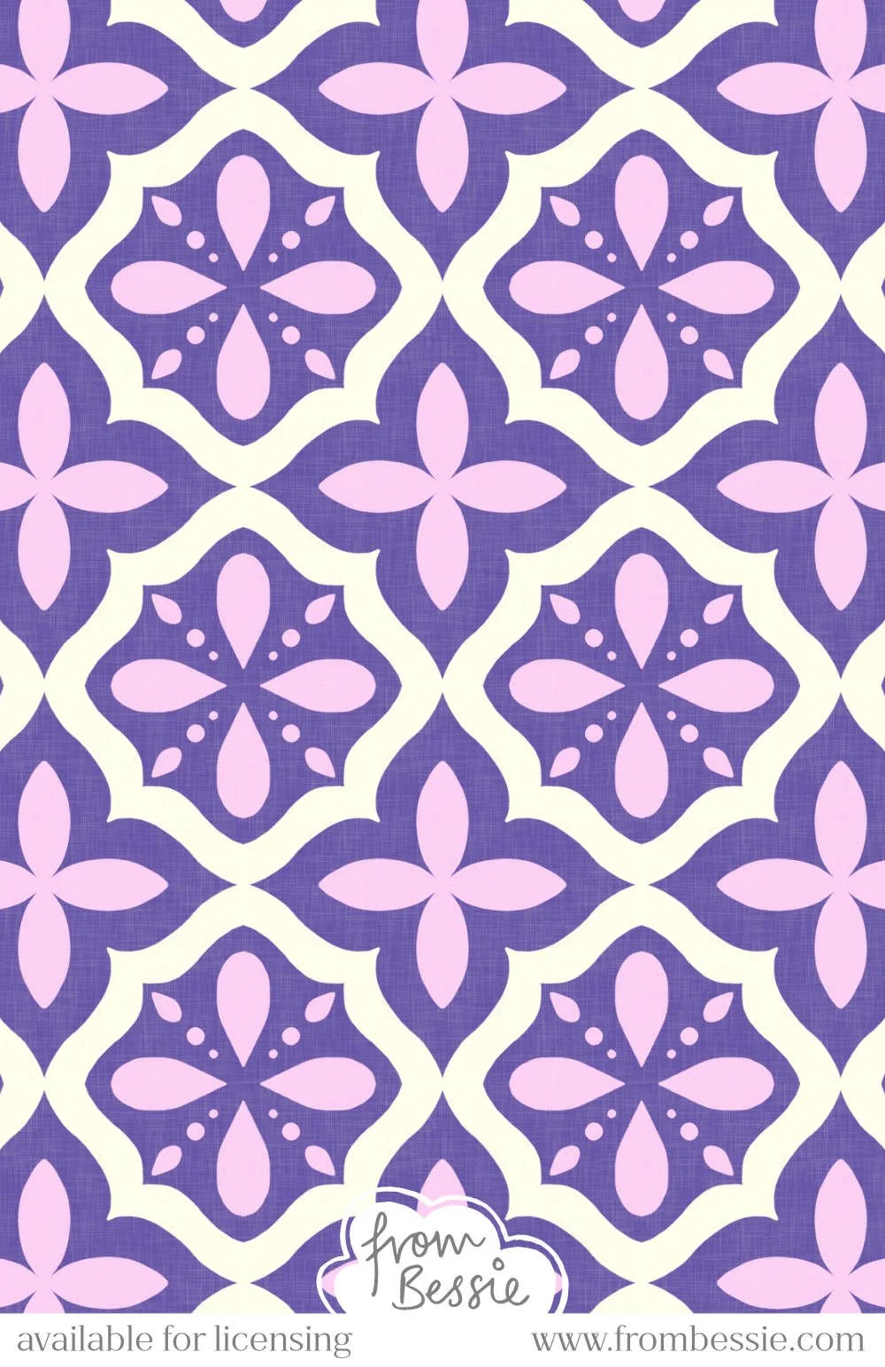 A linen textured seamless pattern with arabesque coastal symmetrical tiles in a diamond layout. In pink, dark purple and white. Designed by Bessie Ng.