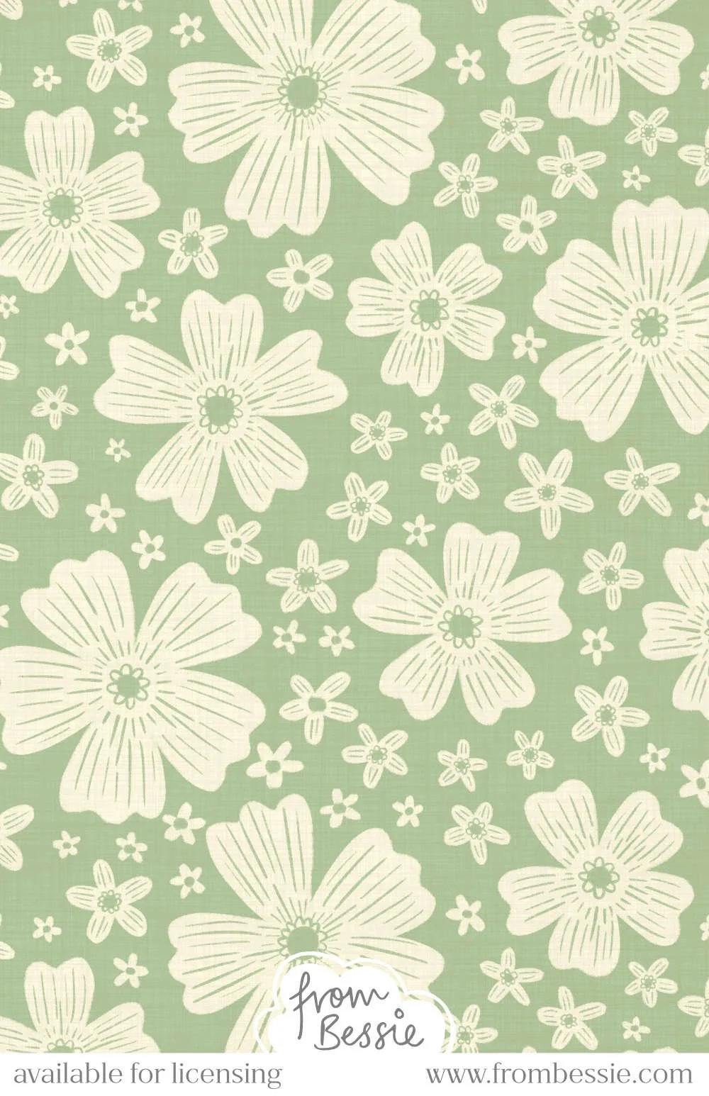 Allover tossed floral pattern with abstract pastel white flowers with 5 petals of varying sizes on a sage green background. Designed by Bessie Ng