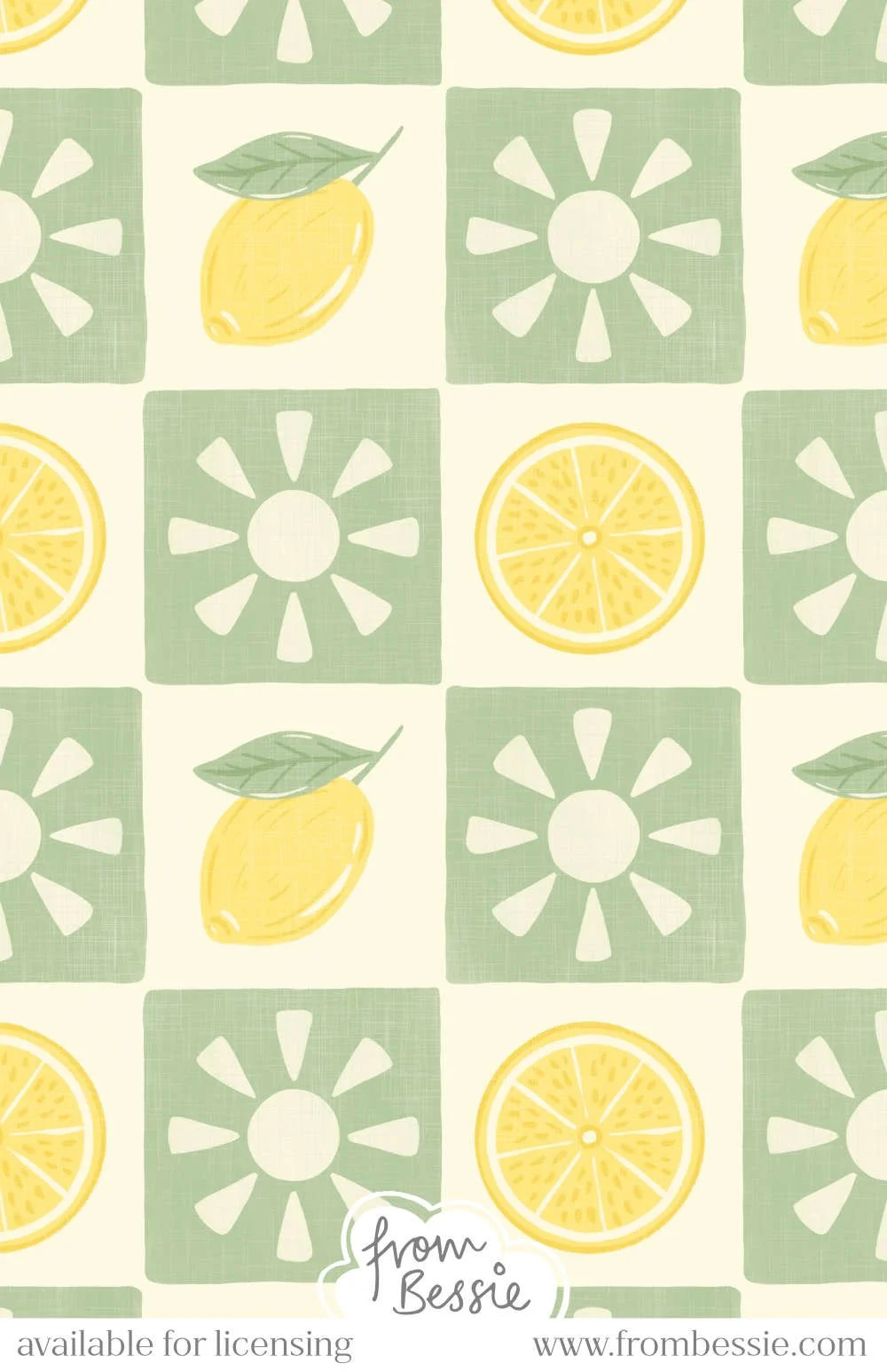 Sage green and cream checkerboard with linen texture, featuring a white cut-out sun in green squares and a lemon slice or a whole lemon in white squares. Designed by Bessie Ng.