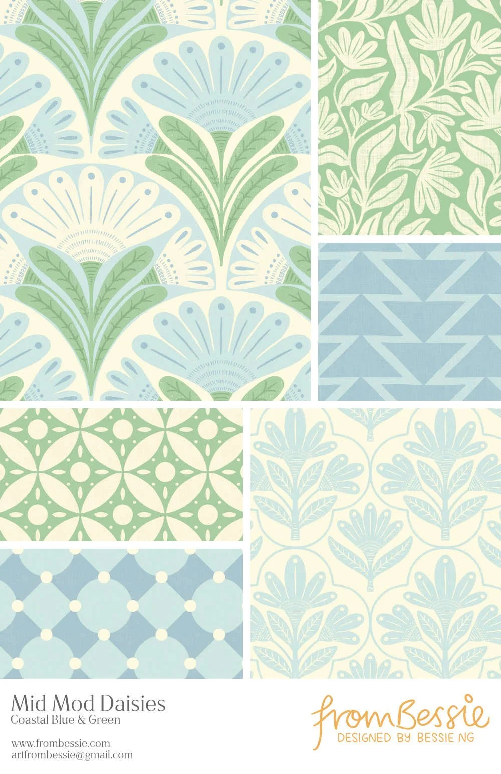 Six ‘Mid ‘Mod Floral’ patterns by Bessie Ng: featuring symmetrical folk art daisy motifs in geometric layouts, in pastel blue and green.