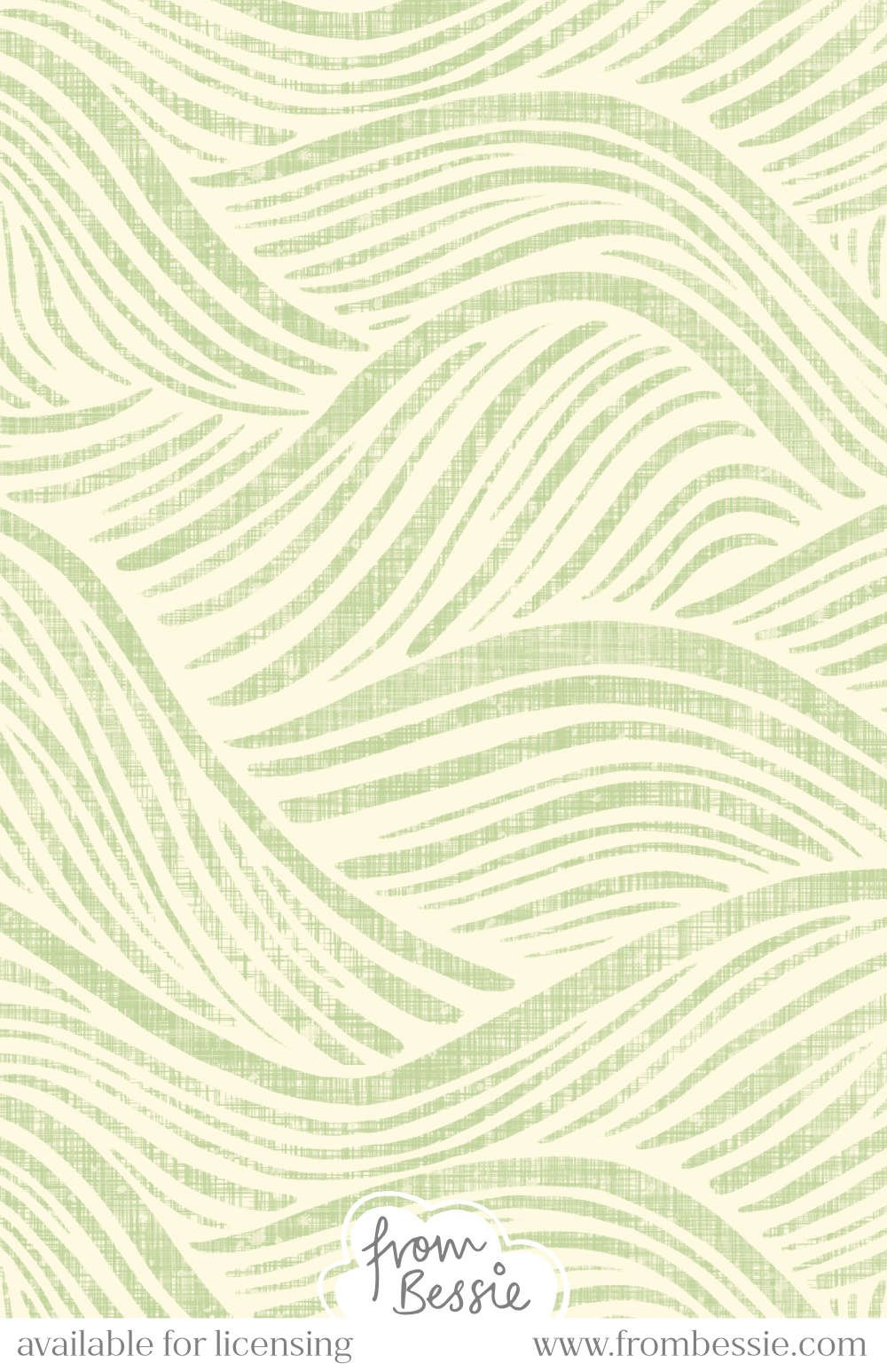 Allover abstract textured pattern with organic, block print brush strokes in wave and hill shapes, in sage green on a cream background. Designed by Bessie Ng