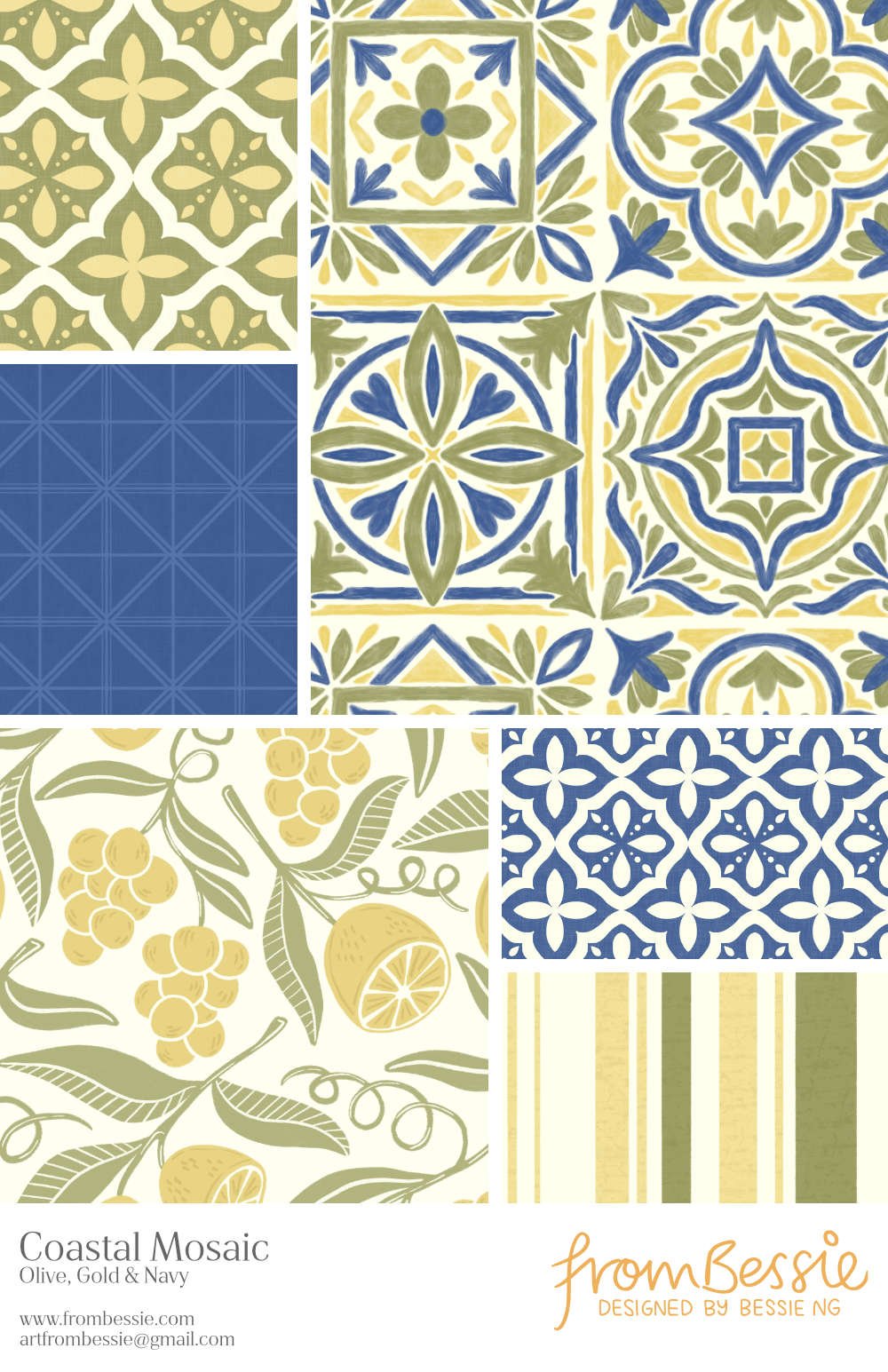 Six seamless repeat patterns by Bessie Ng: featuring Portuguese mosaic tiles, geometrics and grids, and a grape and lemon botanical design. In olive green, navy blue, and gold khaki.