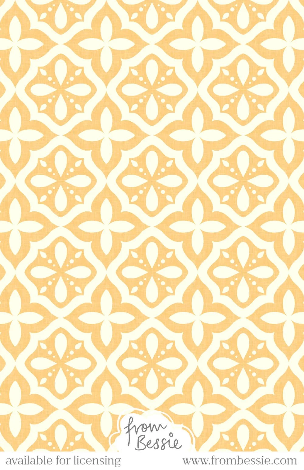 A linen textured seamless pattern with arabesque coastal symmetrical tiles in a diamond layout, with a minimalist monochrome style. In white and orange yellow. Designed by Bessie Ng.