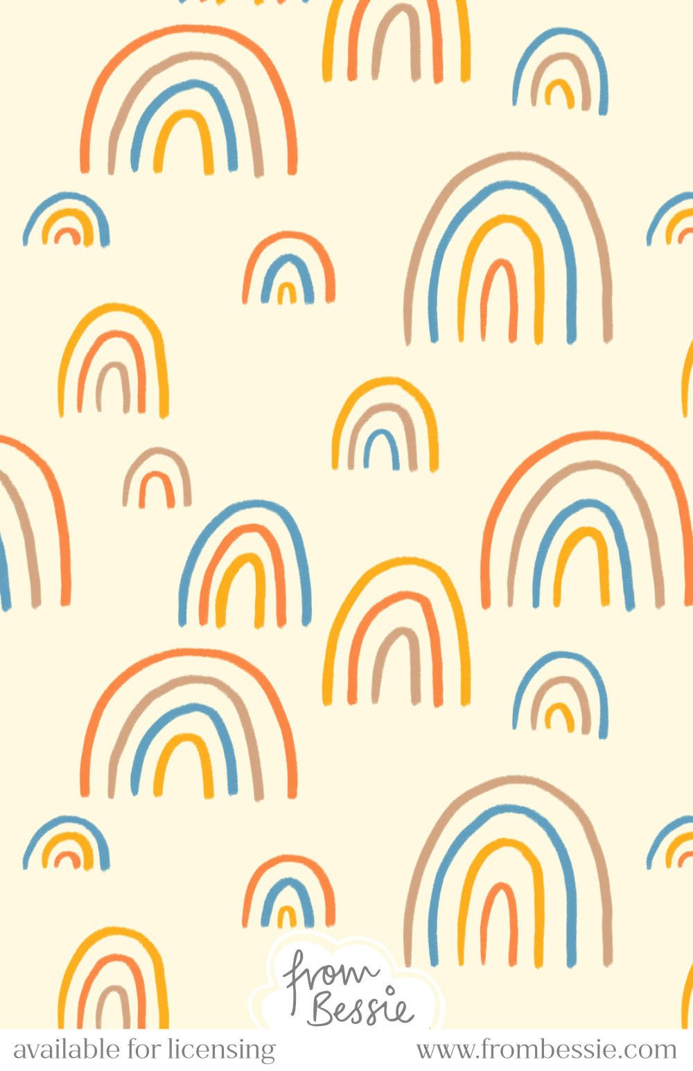 A simple, minimalist pattern with freehand rainbows line work, made up of 3 to 5 arched curves, with lots of empty space. Primary colours on a cream background. Designed by Bessie Ng.