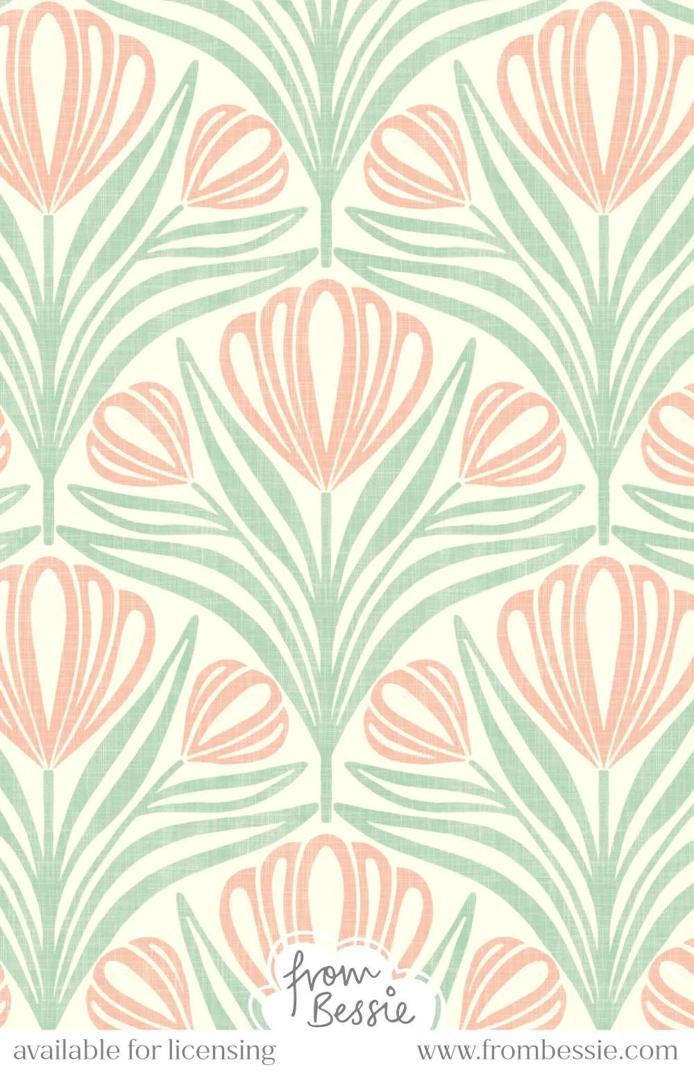 A symmetrical, dense seamless pattern with block print crocus and leaves in a shell layout. Textured floral design with a Scandi aesthetic. Pastel pink and green on cream. Designed by Bessie Ng.
