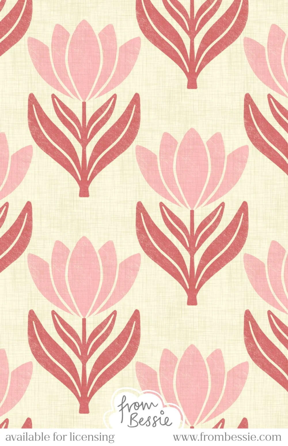 Symmetrical water lily florals, repeated in vertical alignment in pink & burgundy red, on a cream background with linen textures. Designed by Bessie Ng.
