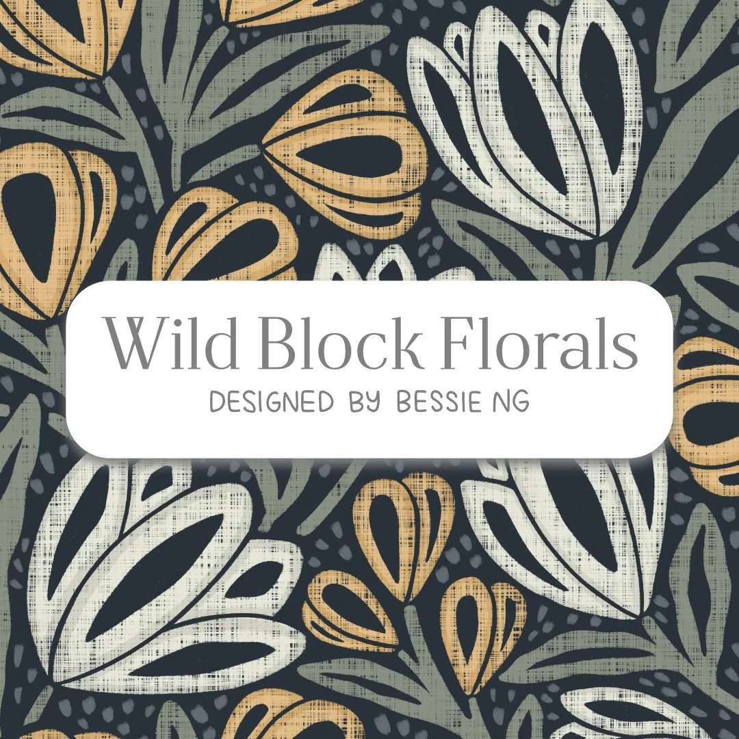 A pattern background with textured allover block print florals on a charcoal background. White rectangle at the centre with text saying “Wild Block Florals, designed by Bessie Ng"