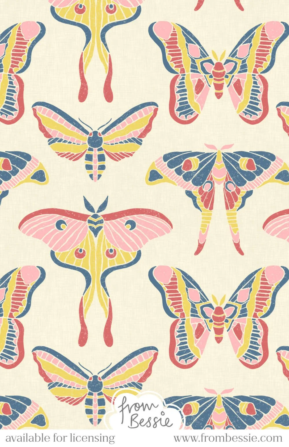 Block print moths in muted primary colours, all vertically aligned, with rough linen texture on a cream background. Designed by Bessie Ng