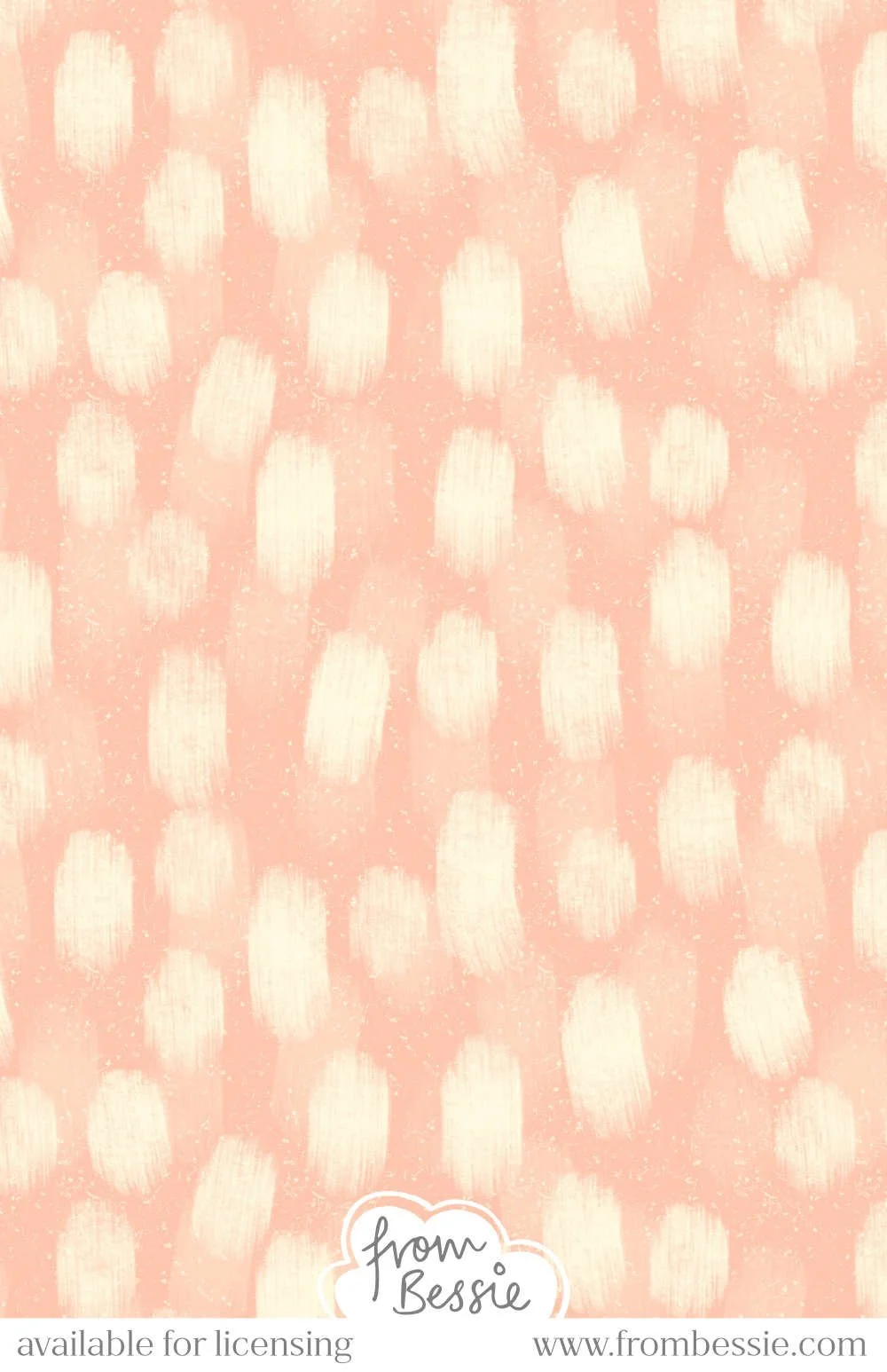 Allover abstract textured pattern with organic, gouache paintbrush stroke polka dots in cream white, on a salmon coral pink background. Designed by Bessie Ng