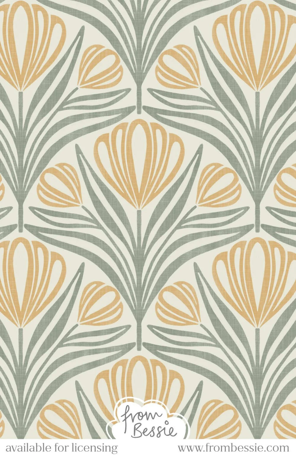 A symmetrical, dense seamless pattern with block print crocus and leaves in a shell layout. Textured floral design with a Scandi aesthetic. Muted mustard yellow and green on cream. Designed by Bessie Ng.