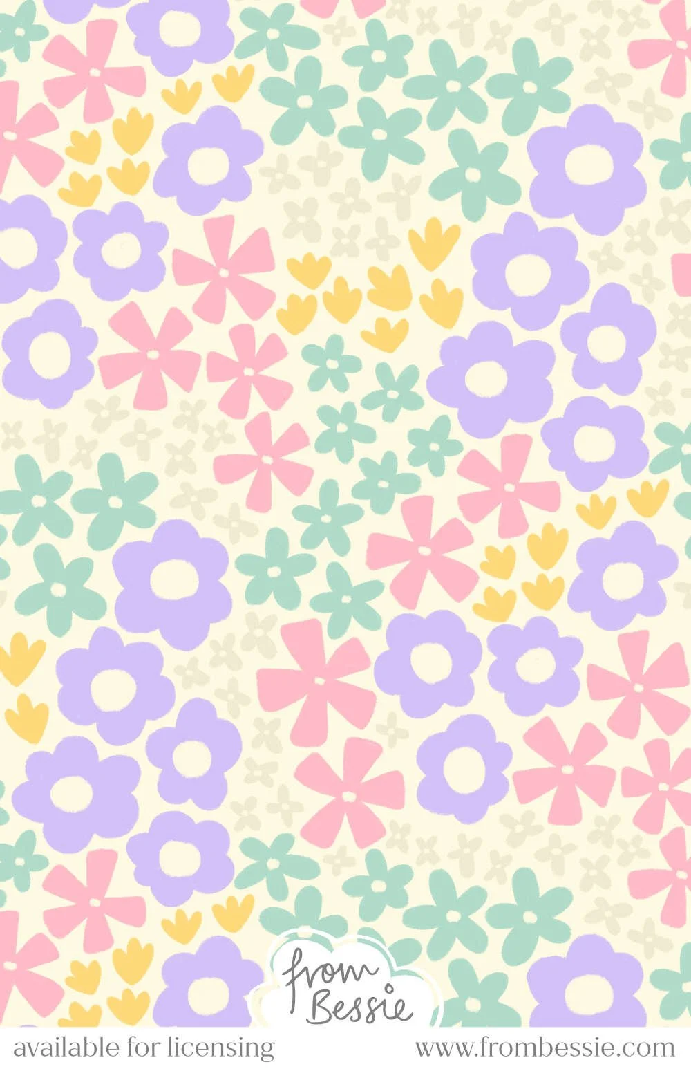 Allover dense maximalist pattern with ditsy, non-directional florals of various kinds, hand-drawn with rough pencil texture, in pastel pink, purple & green,, on a cream background. Designed by Bessie Ng.