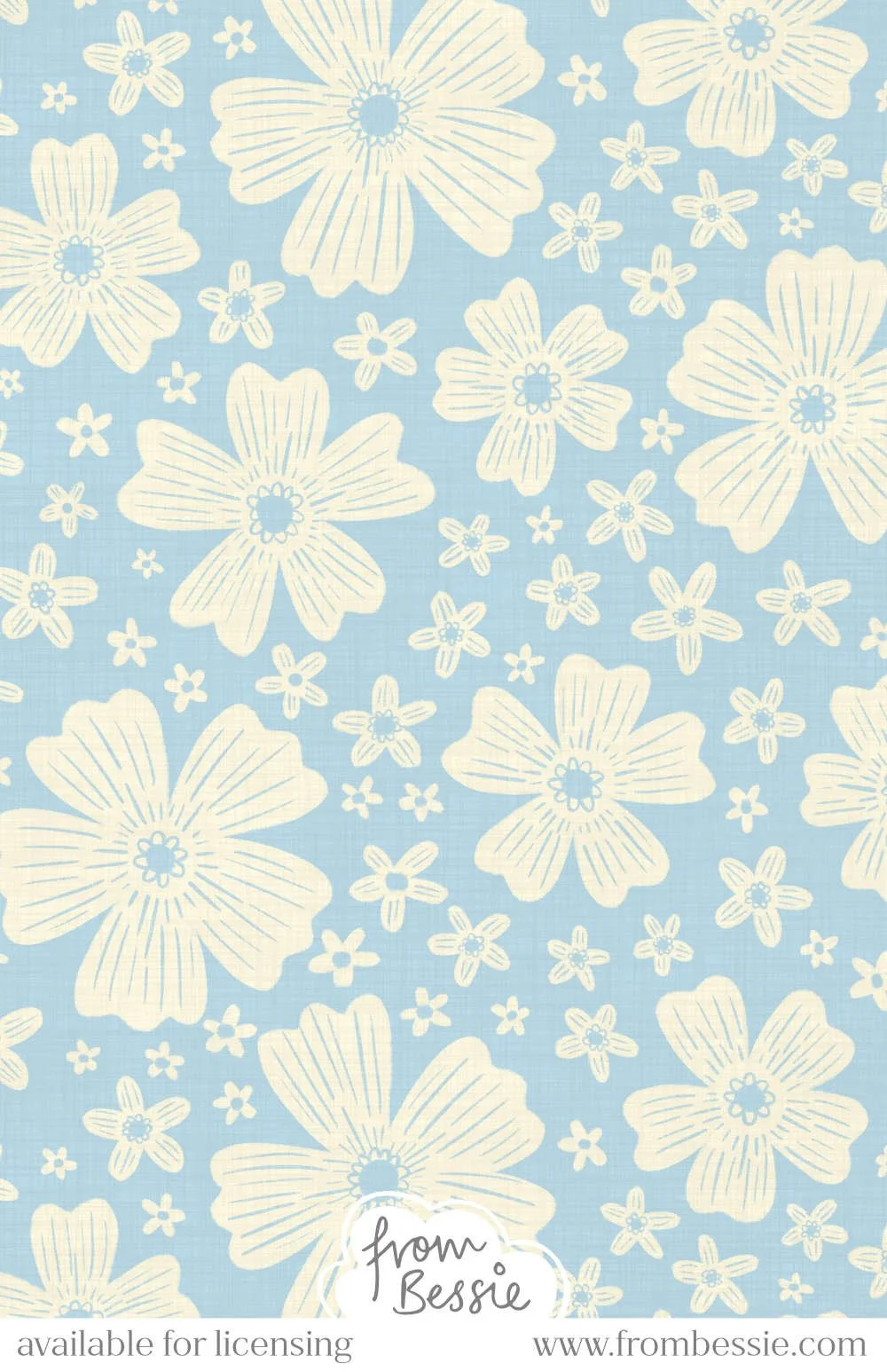 Allover tossed floral pattern with abstract pastel white flowers with 5 petals of varying sizes on a pastel blue background. Designed by Bessie Ng